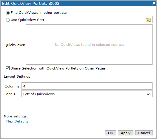 An example of an edit QuickView portlet dialog box showing the default settings.