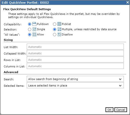 Flex QuickView default settings.