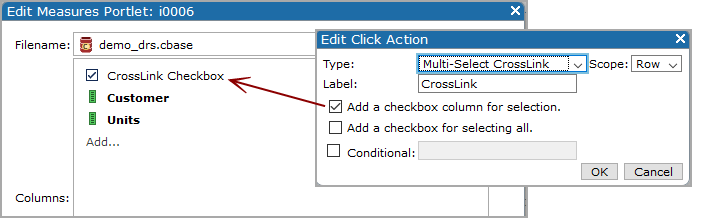 Indication that a checkbox columns has been added to a measures portlet