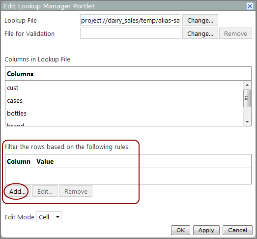 Edit lookup manager portlet dialog box showing the location of the Add optipn.