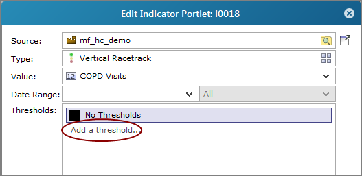 Edit Indicator Portlet, showing the location of the add a threshold option.