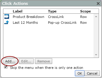 Example of a click actions dialog box, showing the location of the add option.