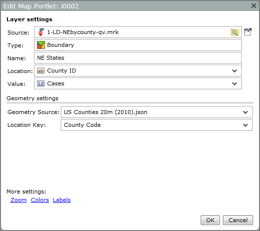 Example of an edit map portlet dialog box with icons.