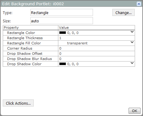 Example of an edit background portlet dialog box showing default values for a rectangle portlet.