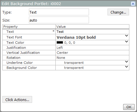 Edit background portlet dialog box, showing the default values for a text portlet.
