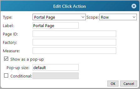 An Edit Click Action dialog box with Type set to Portal Page.