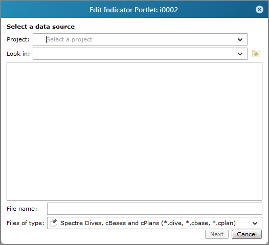 Edit indicator portlet, select a data source dialog box.