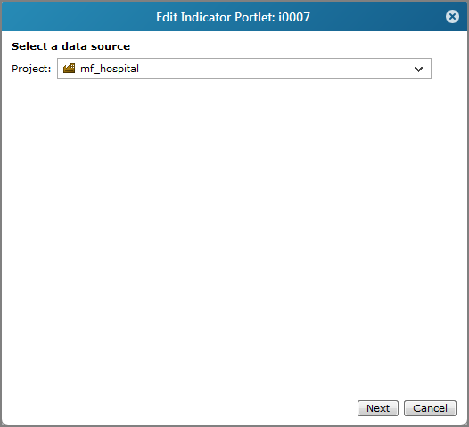 Example of an edit indicator portlet, select a data source dialog box.