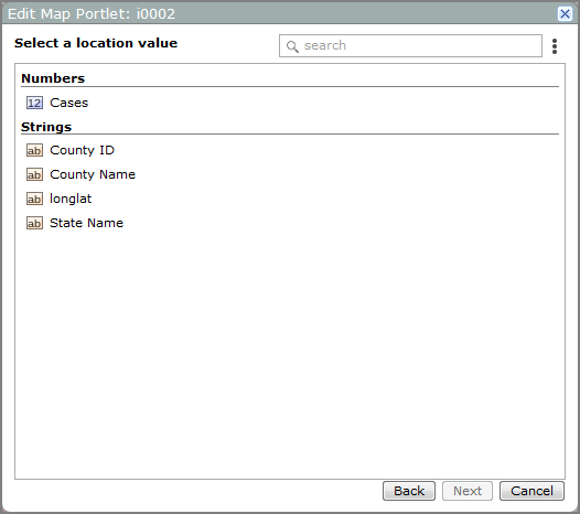 Edit map portlet, select a location value dialog box.