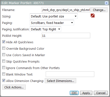Example of the Edit marker portlet dialog box, showing the location of the click actions  option.