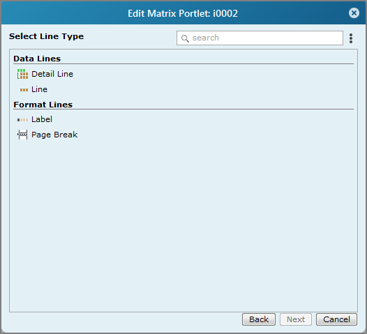 An example of an edit matrix portlet select a line type dialog box. 