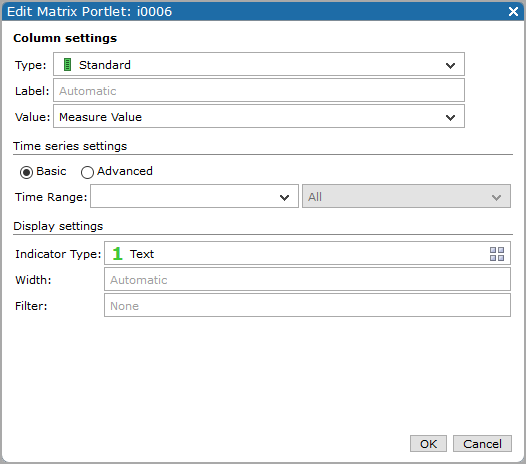 Edit Matrix portlet, column settings dialog box showing default values.