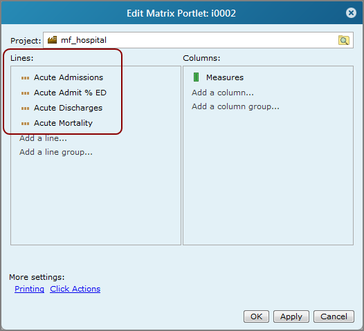 An example of an edit matrix portlet dialog box, showing the selected measures in the  lines text box.