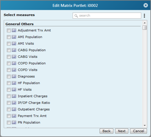 An example of an Edit Matrix Portlet, Select measures dialog box. 