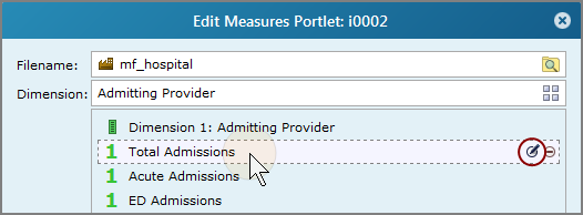 An example of the edit measures portlet page, showing the location of the edit this column icon for the charge, visit, current complete day column.