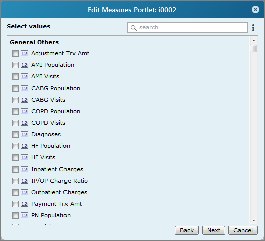 An example of the Edit Measures Portlet, select values page.