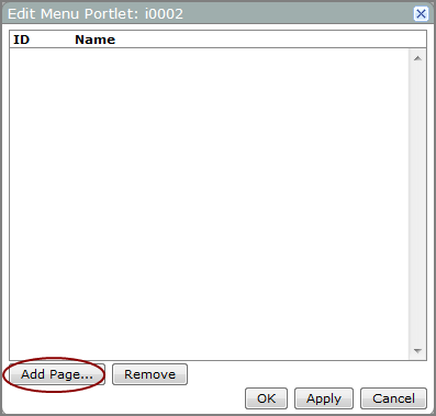 Example of an edit menu portlet dialog box before any pages are added.