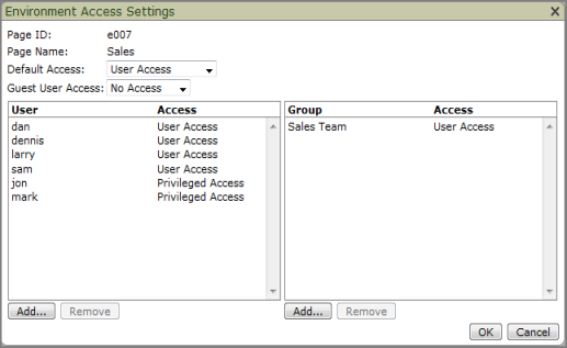 Example of an environment access settings dialog box.
