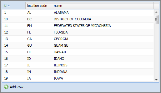 Example of an input table listing location codes for U S states and territories.