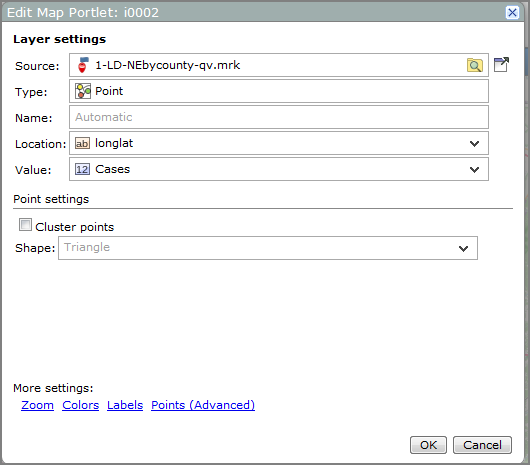 Edit map portlet, layer settings dialog box.