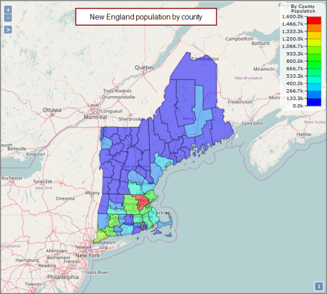 Example of a border map showing New England population by county,
