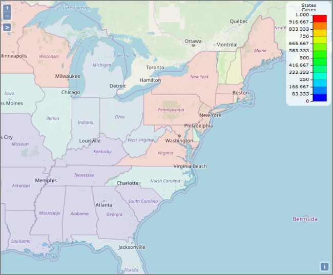 Boundary map of Lyme disease cases in Eastern states.