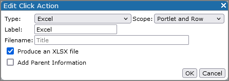An Edit Click Action dialog box with Type set to Excel.