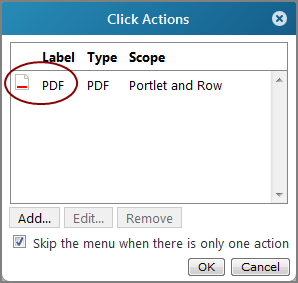 Click actions dialog box showing added pdf click action.