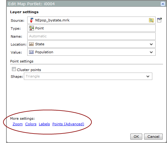 Example of a point map layer settings page showing the location of more options.
