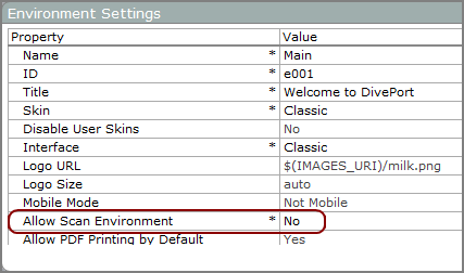 Environment settings dialog box, showing the allow scan environment option set to no.