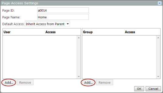 Example of a page access settings dialog box showing the location of the add buttons.