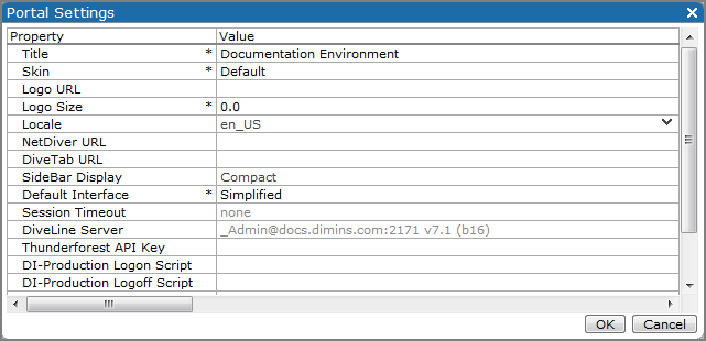 Portal settings window.