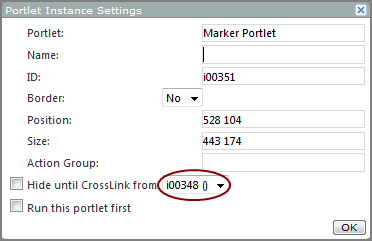 An example of a portlet instance dialog box, showing the cross link setting.