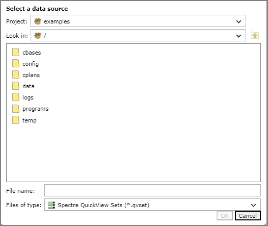 Example of an Edit QuickView Portlet, Select a data source dialog box.