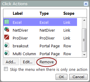 Example of a click actions dialog box, showing the location of the remove option.