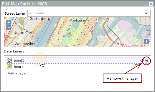 Edit map portlet, street layer dialog box showing the location of the remove this layer icon.