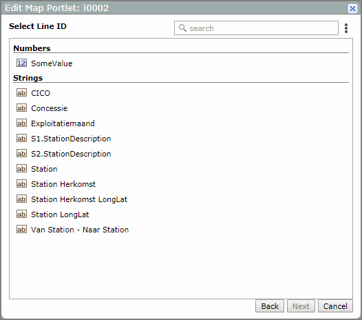 An example of the Edit Map Portlet, Select Line ID dialog box.