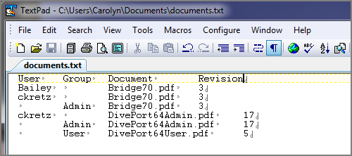 Example of a documents.txt file open in Text pad. 