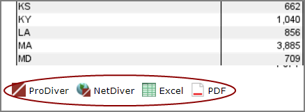 ProDiver, NetDiver, Excel, and PDF options display to the lower left of a table.