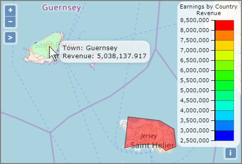 Pointing to an area of the map shows values.