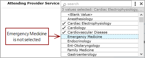 QuickView with three values selected.