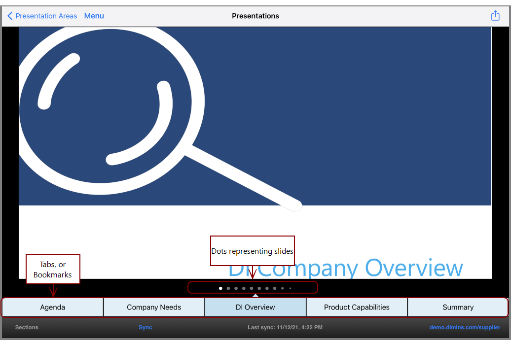 A view of a presentation with the regular DiveTab header and footer visible on DiveTab for the iPad.