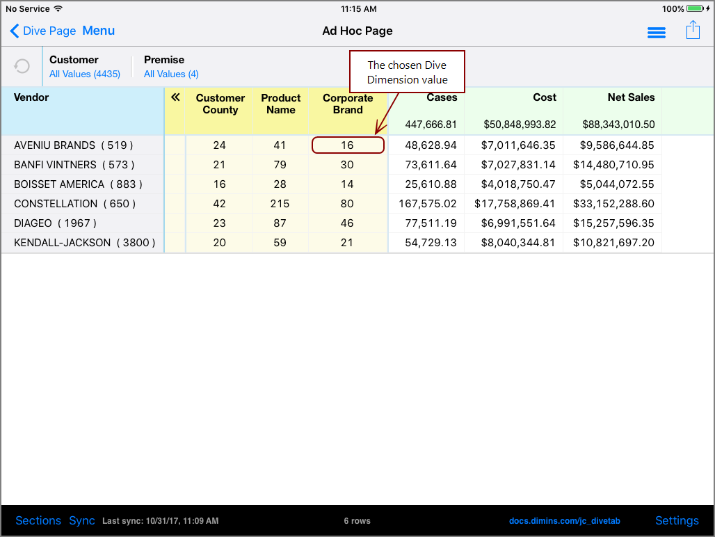 Example of a data page with Dive Dimensions and a value indicated, on the iPad.