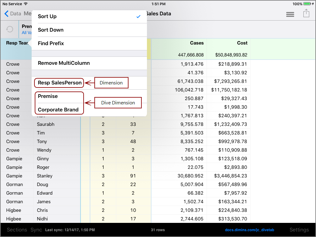 The content menu for a Dimension to swap with another Dimension.