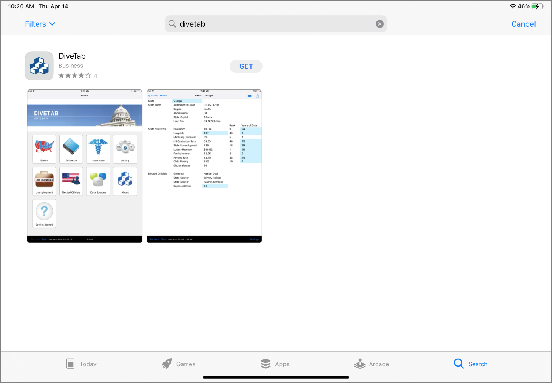 Here are the search results for DiveTab in the App Store.