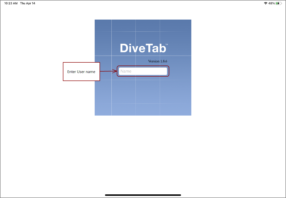 The DiveTab Login screen for the iPad.