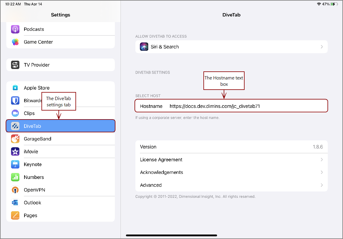 The DiveTab settings for the iPad Settings.