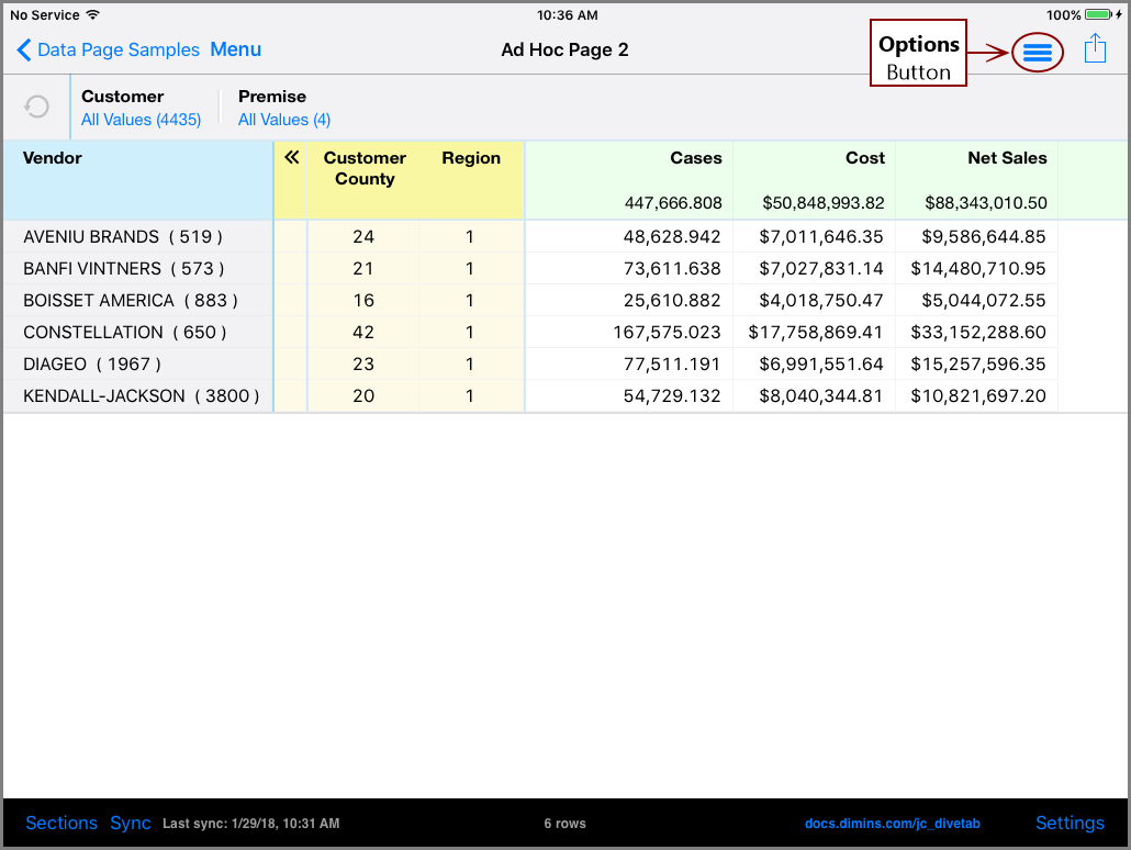 Ad Hoc page sample with Options button indicated on the iPad.