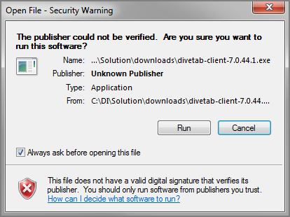 The Security Warning dialog asking for run permission.