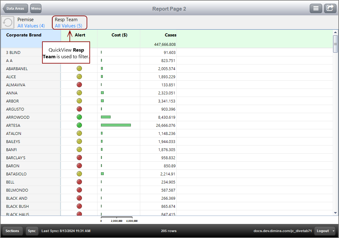 The initial filtering of data upon opening, before QuickViews are set.